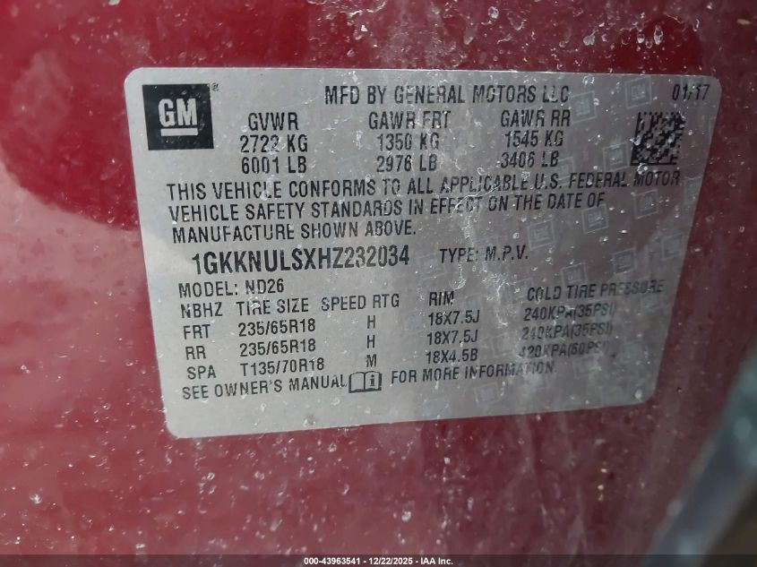 2017 GMC Acadia Slt-1 VIN: 1GKKNULSXHZ232034 Lot: 43963541