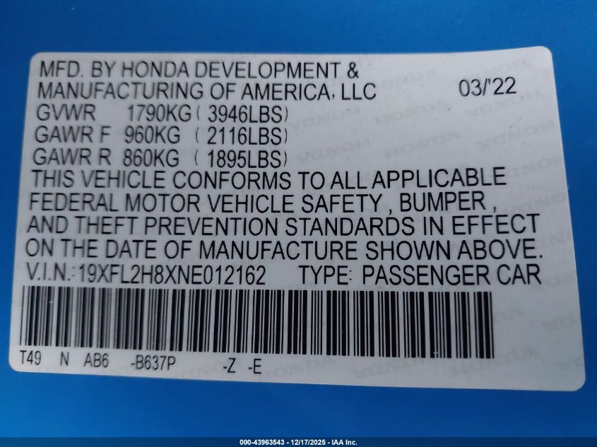 2022 Honda Civic Sport VIN: 19XFL2H8XNE012162 Lot: 43963543