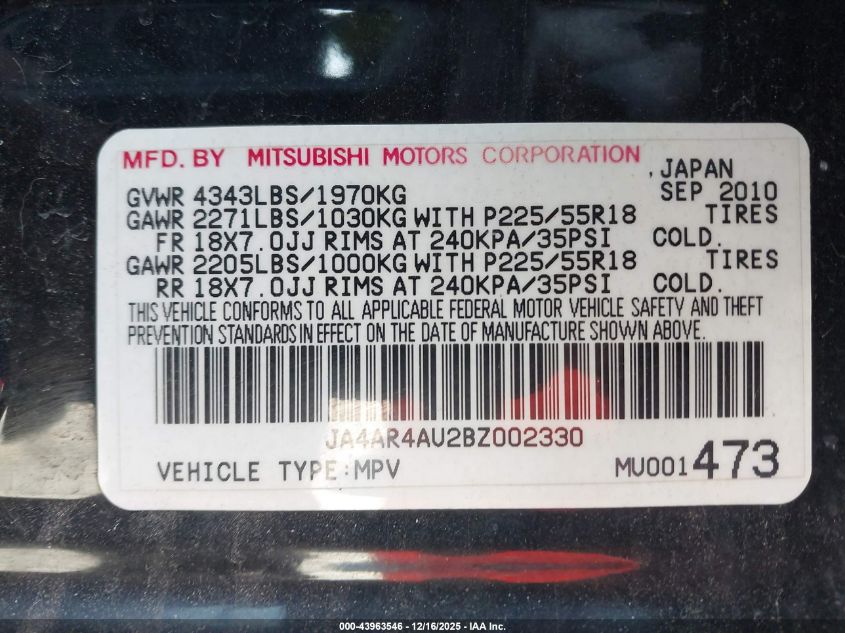 2011 Mitsubishi Outlander Sport Se VIN: JA4AR4AU2BZ002330 Lot: 43963546