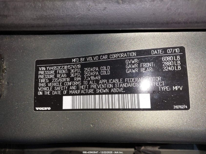 2011 Volvo Xc90 3.2 VIN: YV4952CZ3B1574519 Lot: 43963547