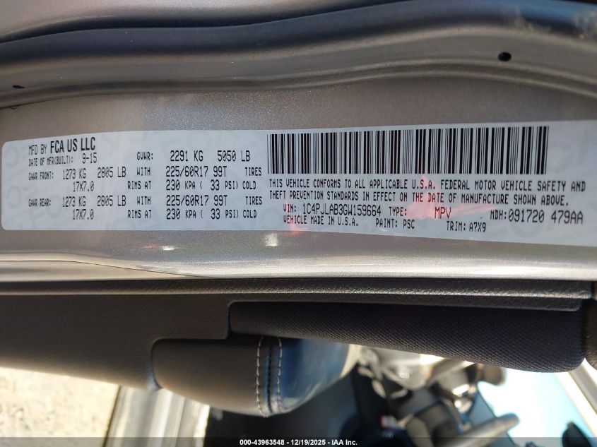 2016 Jeep Cherokee Sport VIN: 1C4PJLAB3GW159664 Lot: 43963548