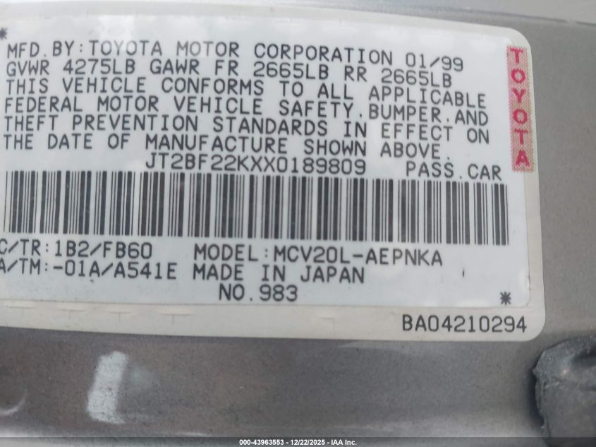 1999 Toyota Camry Le V6 VIN: JT2BF22KXX0189809 Lot: 43963553