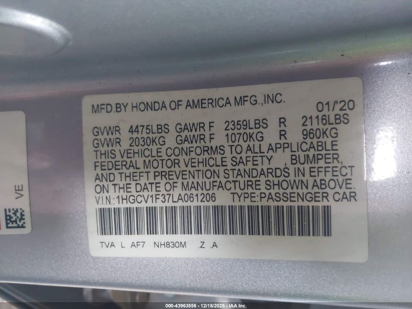 2020 Honda Accord Sport VIN: 1HGCV1F37LA061206 Lot: 43963556