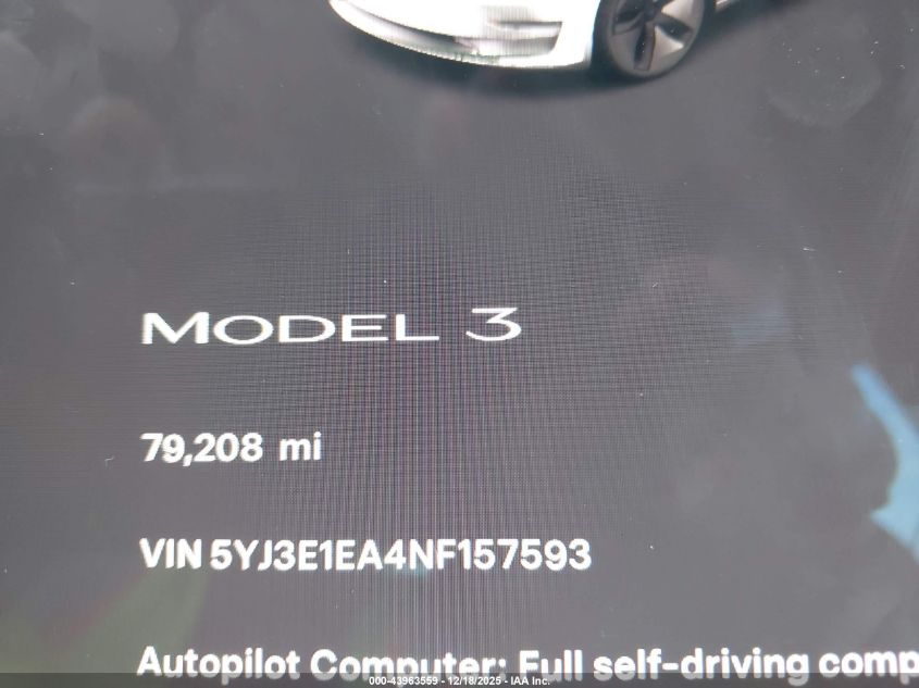 2022 Tesla Model 3 Rear-Wheel Drive VIN: 5YJ3E1EA4NF157593 Lot: 43963559