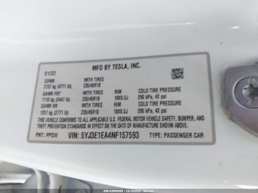 2022 Tesla Model 3 Rear-Wheel Drive VIN: 5YJ3E1EA4NF157593 Lot: 43963559