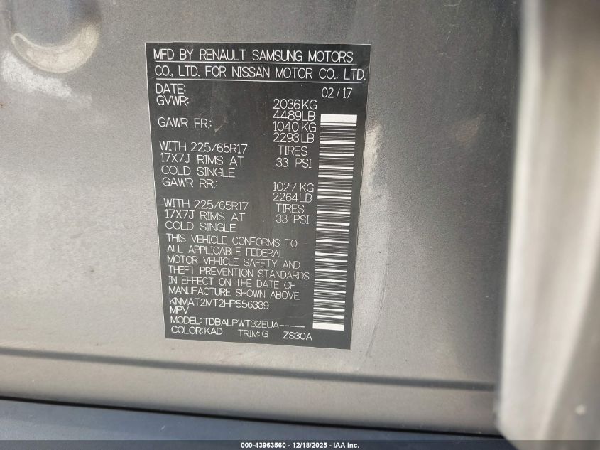 2017 Nissan Rogue S VIN: KNMAT2MT2HP556339 Lot: 43963560