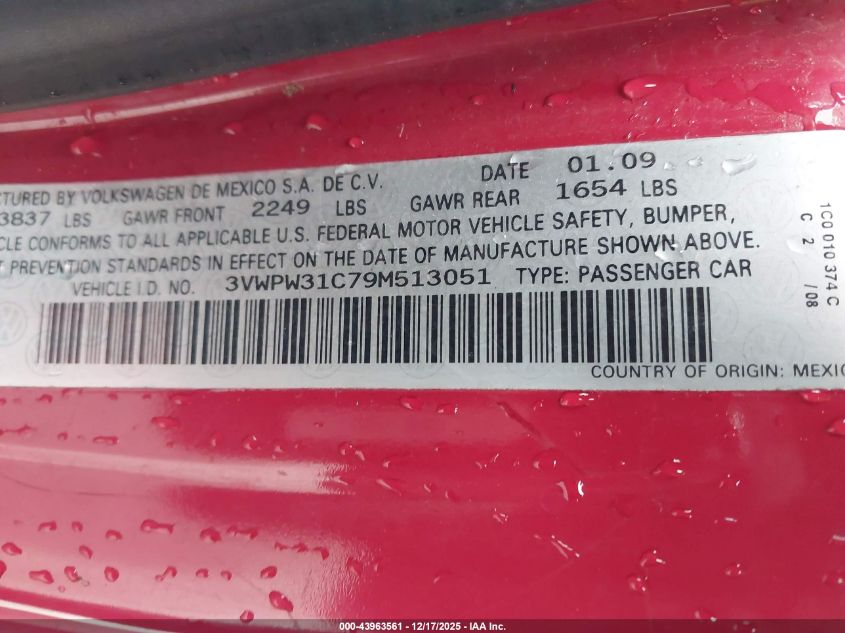 2009 Volkswagen New Beetle 2.5L VIN: 3VWPW31C79M513051 Lot: 43963561