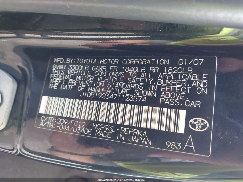 2007 Toyota Yaris VIN: JTDBT923471123574 Lot: 43963562