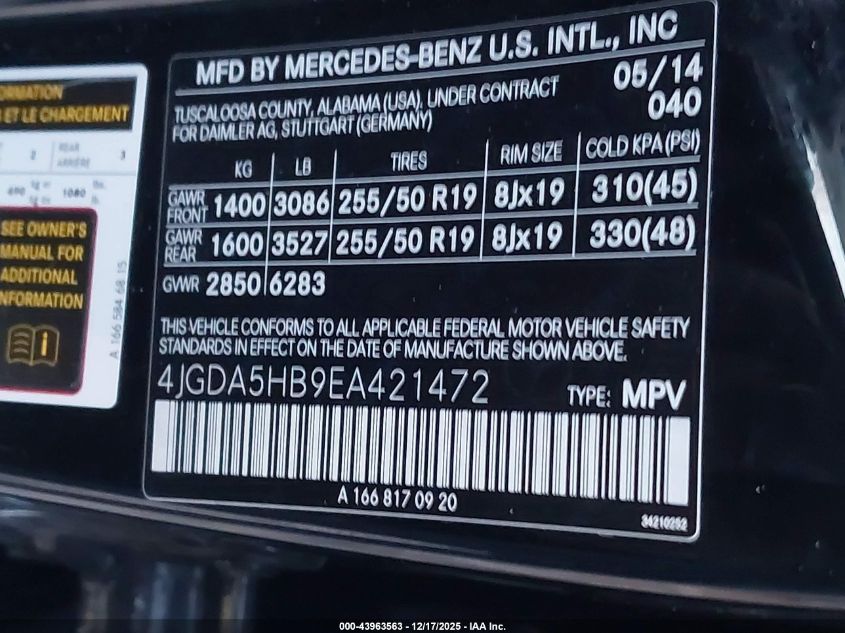 2014 Mercedes-Benz Ml 350 4Matic VIN: 4JGDA5HB9EA421472 Lot: 43963563