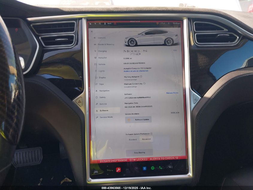 2016 Tesla Model S 60D/70D/75D/85D/90D VIN: 5YJSA1E24GF150856 Lot: 43963565