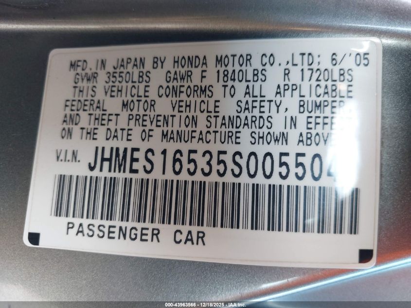 2005 Honda Civic Lx VIN: JHMES16535S005504 Lot: 43963566