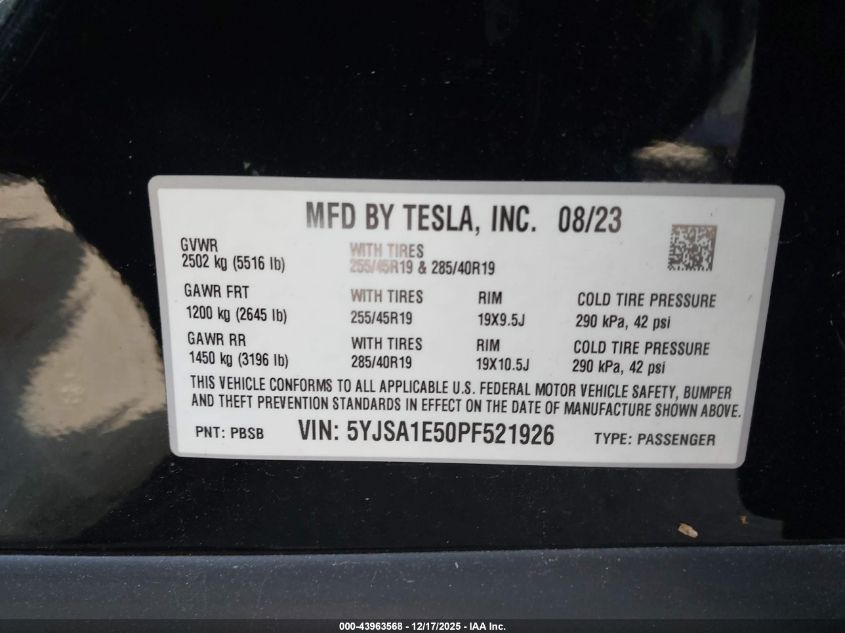 2023 Tesla Model S Dual Motor All-Wheel Drive/Standard Range VIN: 5YJSA1E50PF521926 Lot: 43963568