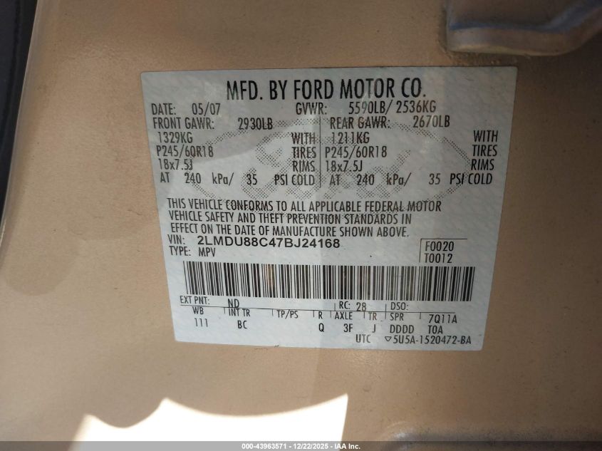 2007 Lincoln Mkx VIN: 2LMDU88C47BJ24168 Lot: 43963571