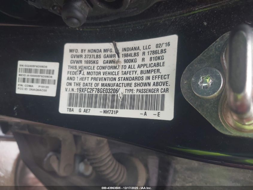 2016 Honda Civic Ex VIN: 19XFC2F78GE032066 Lot: 43963585