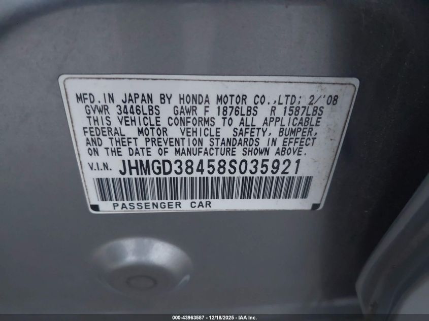 2008 Honda Fit VIN: JHMGD38458S035921 Lot: 43963587