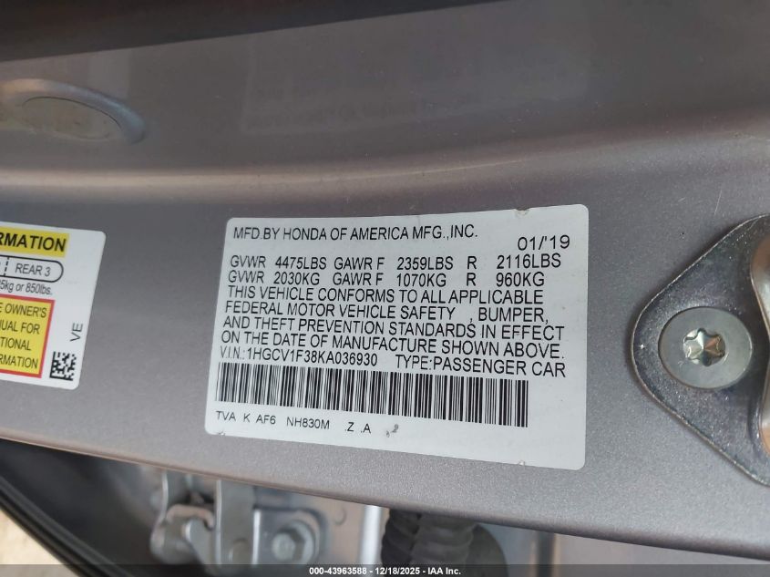 2019 Honda Accord Sport VIN: 1HGCV1F38KA036930 Lot: 43963588