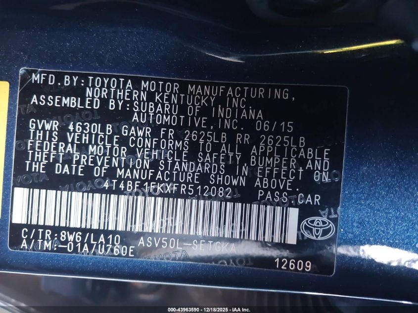 2015 Toyota Camry Xle VIN: 4T4BF1FKXFR512082 Lot: 43963590