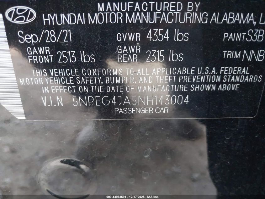 2022 Hyundai Sonata Se VIN: 5NPEG4JA5NH143004 Lot: 43963591