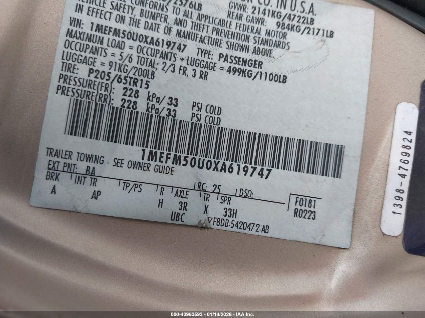 1999 Mercury Sable Gs VIN: 1MEFM50U0XA619747 Lot: 43963593