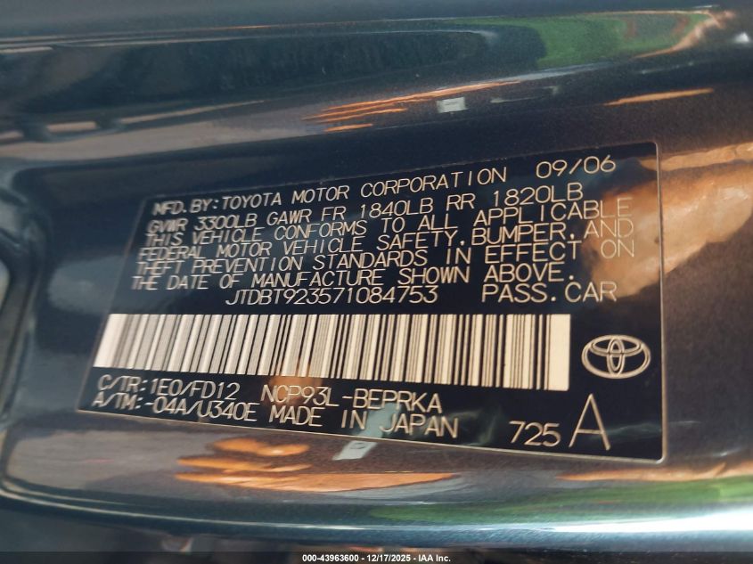 2007 Toyota Yaris VIN: JTDBT923571084753 Lot: 43963600