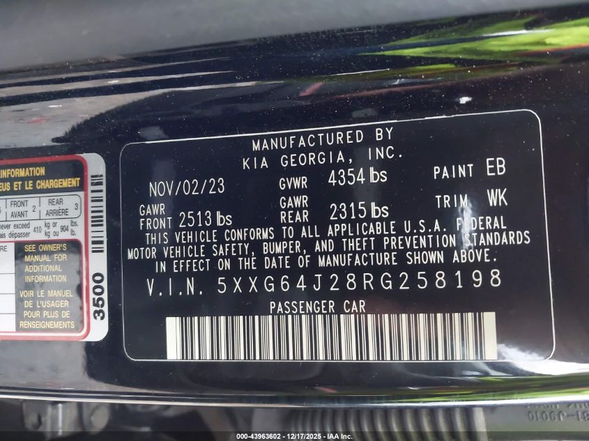 2024 Kia K5 Gt-Line VIN: 5XXG64J28RG258198 Lot: 43963602