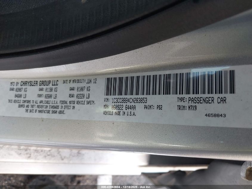 2012 Chrysler 200 Touring VIN: 1C3CCBBB4CN283853 Lot: 43963604