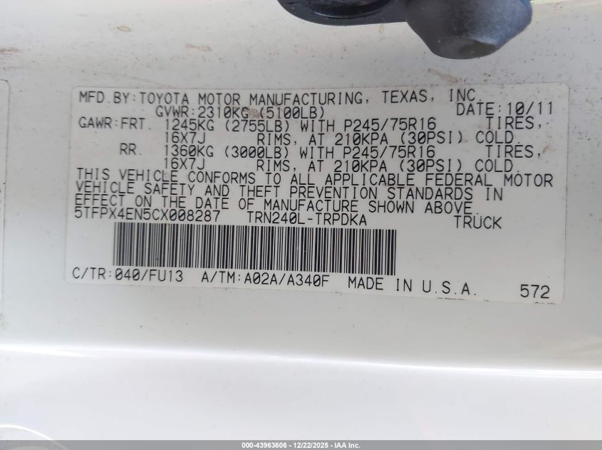 2012 Toyota Tacoma VIN: 5TFPX4EN5CX008287 Lot: 43963606