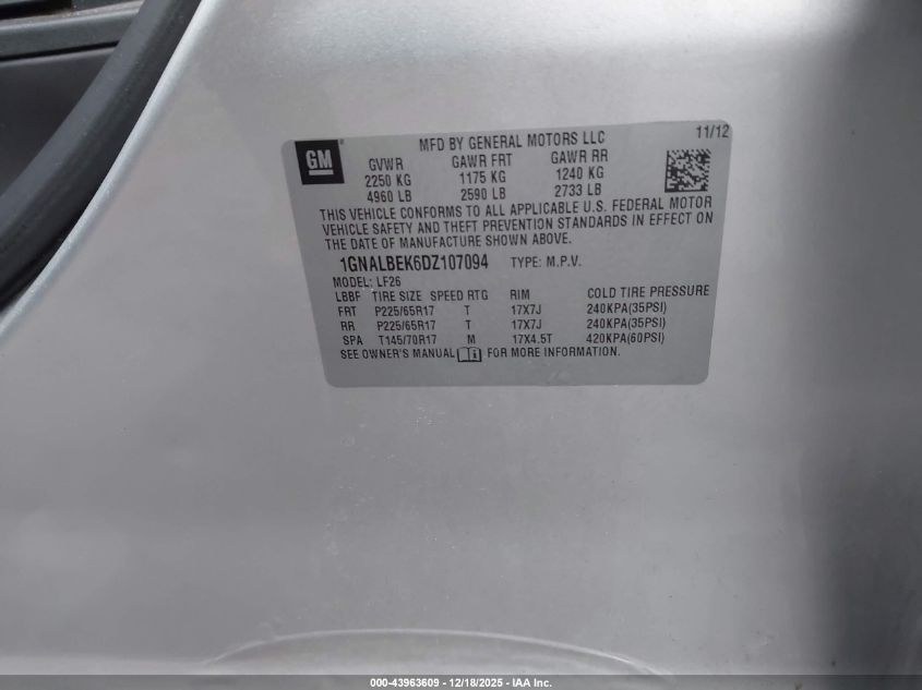 2013 Chevrolet Equinox Ls VIN: 1GNALBEK6DZ107094 Lot: 43963609