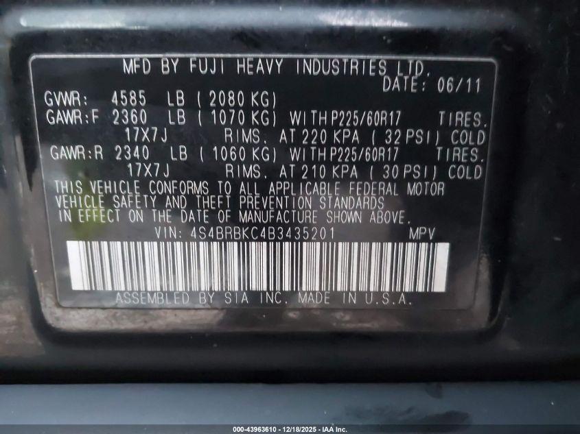 2011 Subaru Outback 2.5I Limited VIN: 4S4BRBKC4B3435201 Lot: 43963610