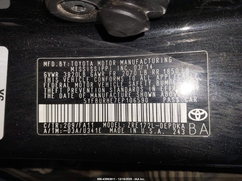 2014 Toyota Corolla L VIN: 5YFBURHE7EP106590 Lot: 43963611