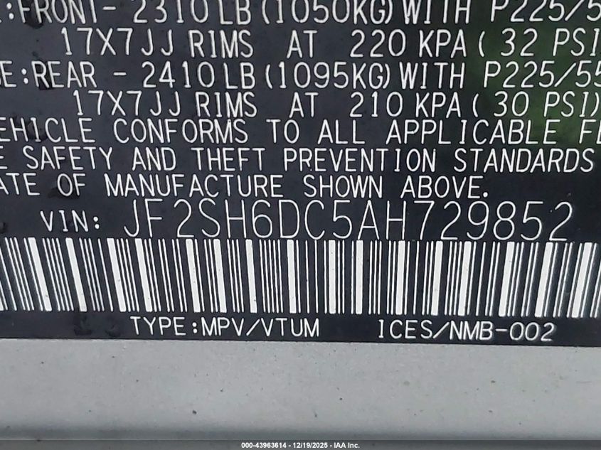 2010 Subaru Forester 2.5X Limited VIN: JF2SH6DC5AH729852 Lot: 43963614