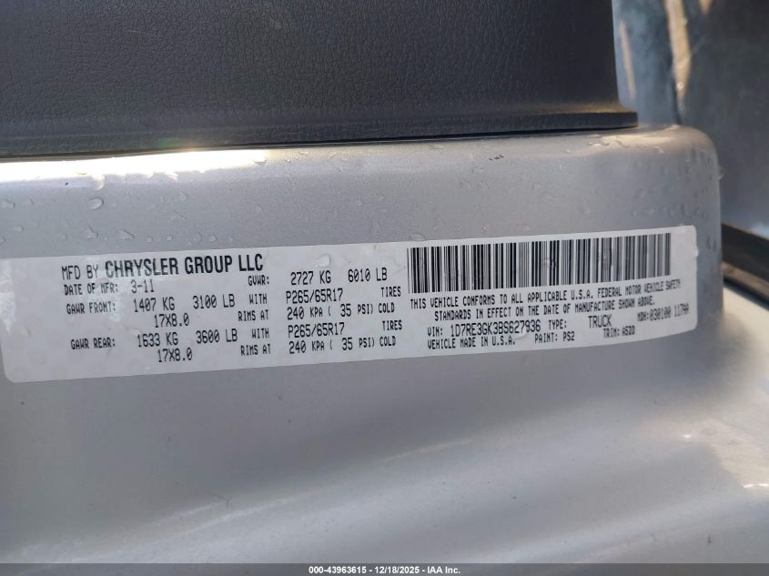 2011 Ram Dakota Bighorn/Lonestar VIN: 1D7RE3GK3BS627936 Lot: 43963615