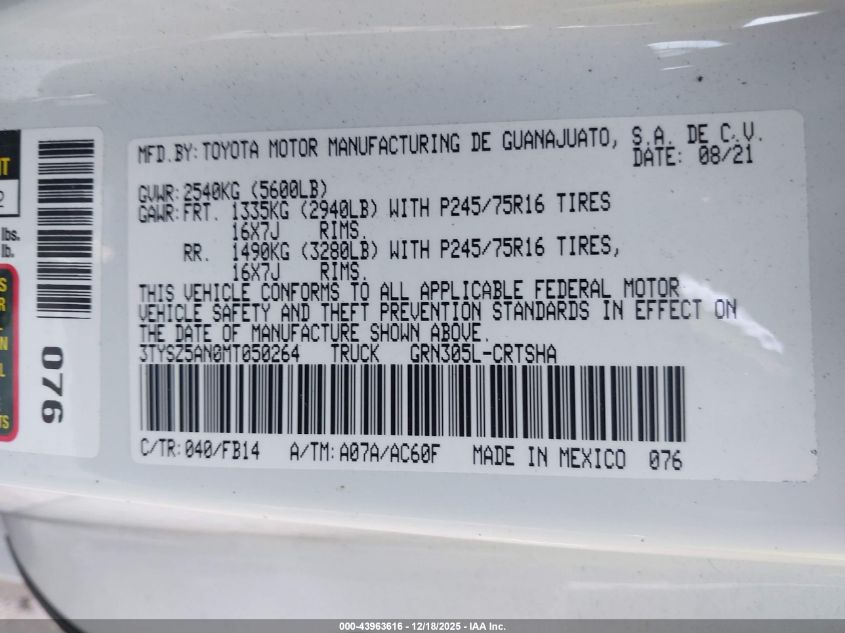2021 Toyota Tacoma Sr V6 VIN: 3TYSZ5AN0MT050264 Lot: 43963616