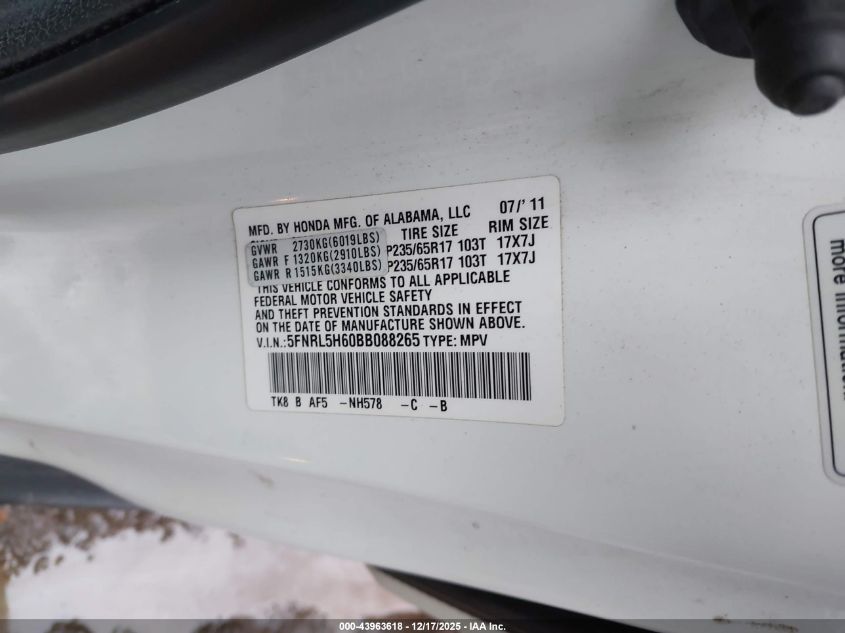 2011 Honda Odyssey Ex-L VIN: 5FNRL5H60BB088265 Lot: 43963618