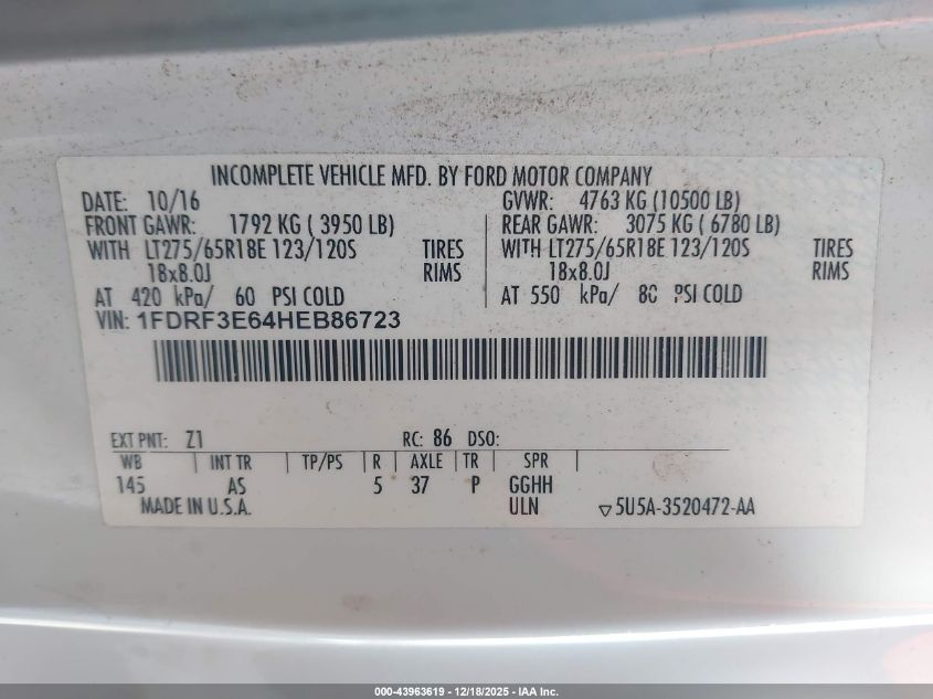 2017 Ford F-350 Chassis Xl VIN: 1FDRF3E64HEB86723 Lot: 43963619