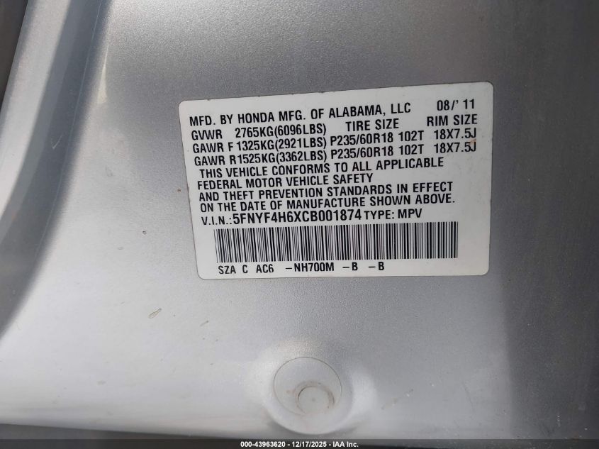 2012 Honda Pilot Ex-L VIN: 5FNYF4H6XCB001874 Lot: 43963620