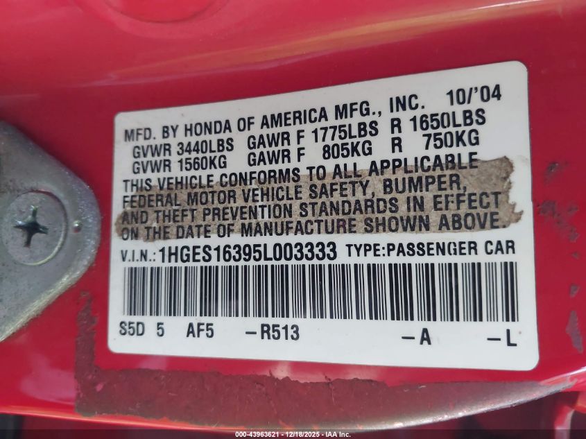2005 Honda Civic Vp VIN: 1HGES16395L003333 Lot: 43963621