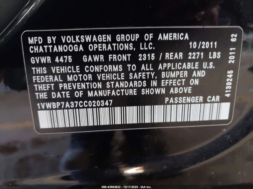 2012 Volkswagen Passat 2.5L Se VIN: 1VWBP7A37CC020347 Lot: 43963622