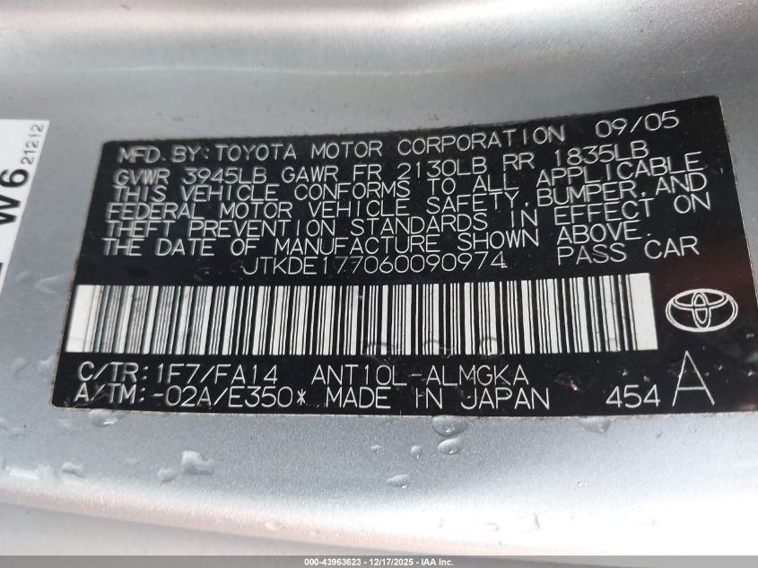 2006 Scion Tc VIN: JTKDE177060090974 Lot: 43963623