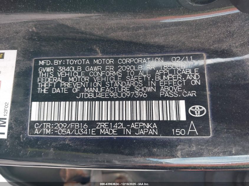 2011 Toyota Corolla Le VIN: JTDBU4EE9BJ097396 Lot: 43963624