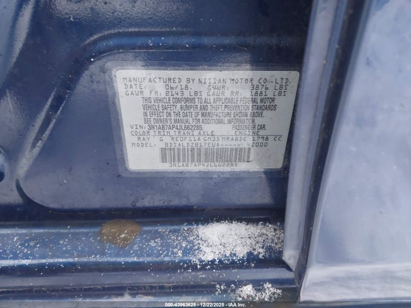 2018 Nissan Sentra Sv VIN: 3N1AB7AP4JL662285 Lot: 43963625