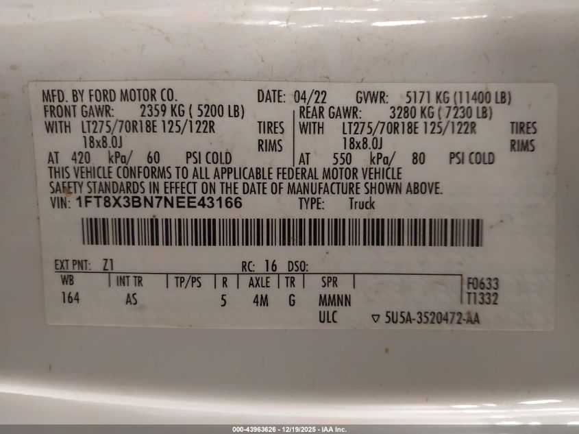 2022 Ford F-350 Xl VIN: 1FT8X3BN7NEE43166 Lot: 43963626
