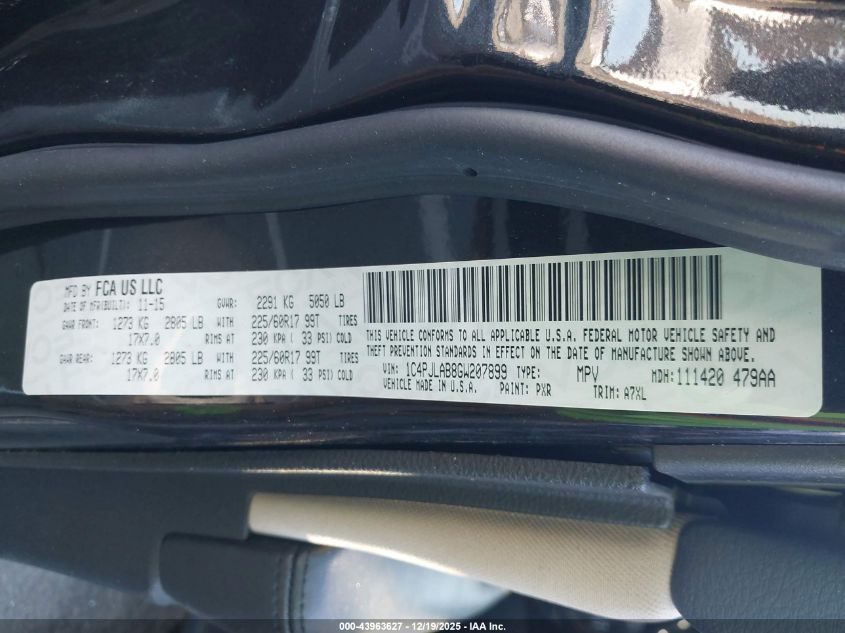 2016 Jeep Cherokee Sport VIN: 1C4PJLAB8GW207899 Lot: 43963627