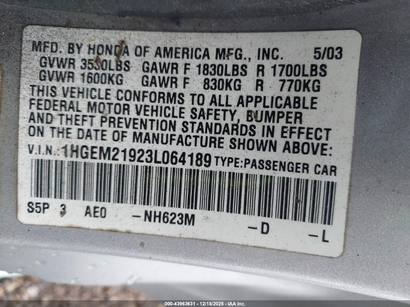 2003 Honda Civic Ex VIN: 1HGEM21923L064189 Lot: 43963631