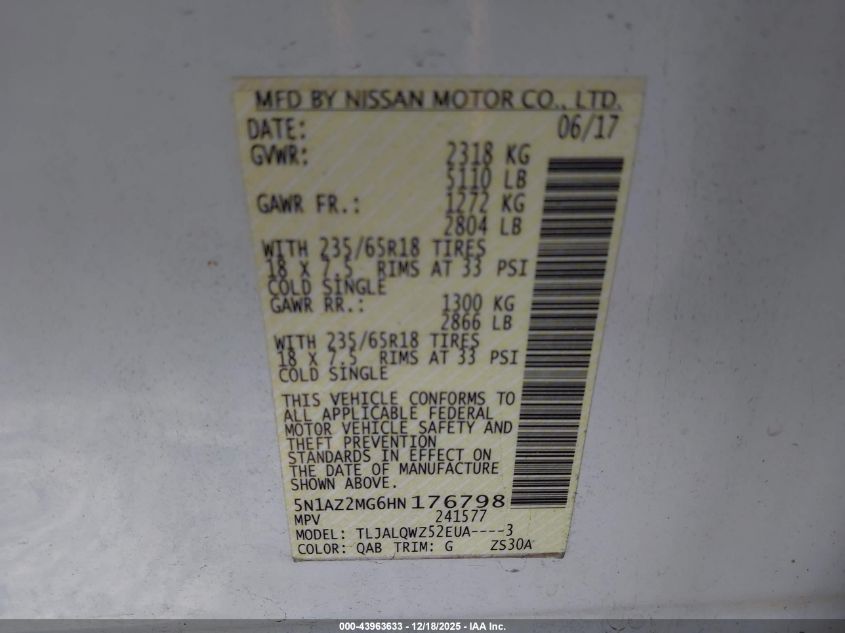 2017 Nissan Murano Sv VIN: 5N1AZ2MG6HN176798 Lot: 43963633