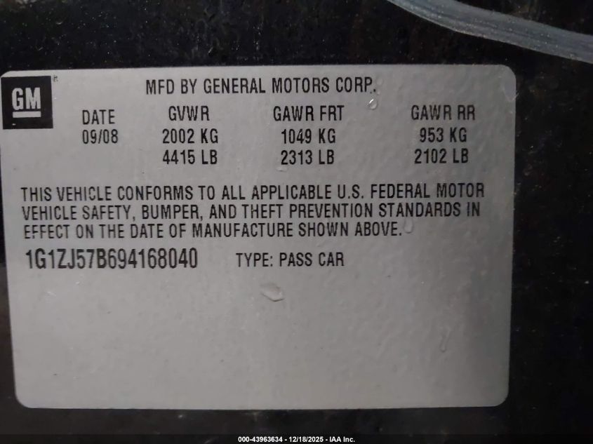 2009 Chevrolet Malibu Lt VIN: 1G1ZJ57B694168040 Lot: 43963634