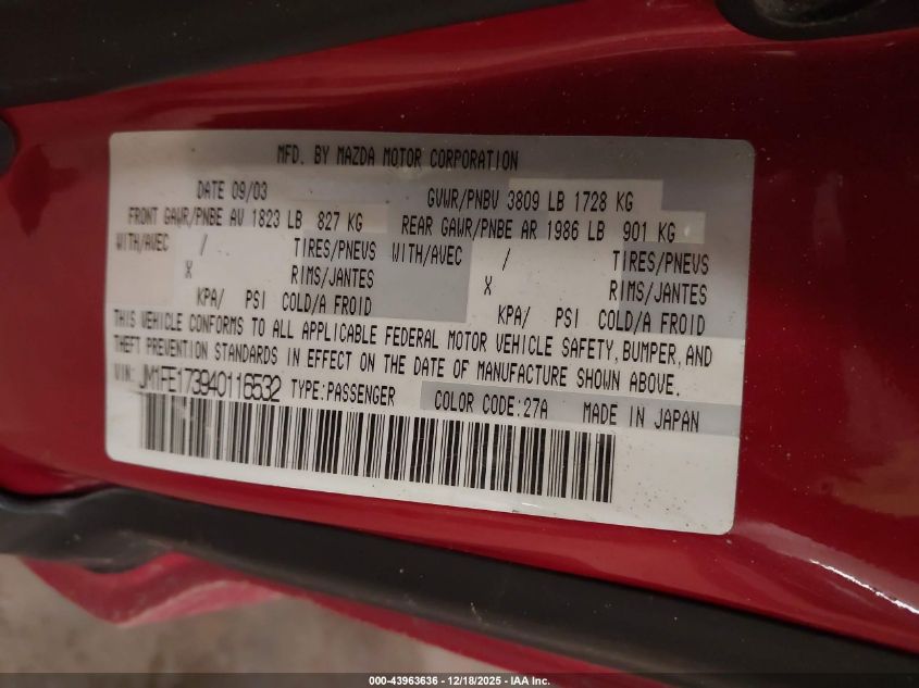 2004 Mazda Rx-8 6 Speed Manual VIN: JM1FE173940116532 Lot: 43963636