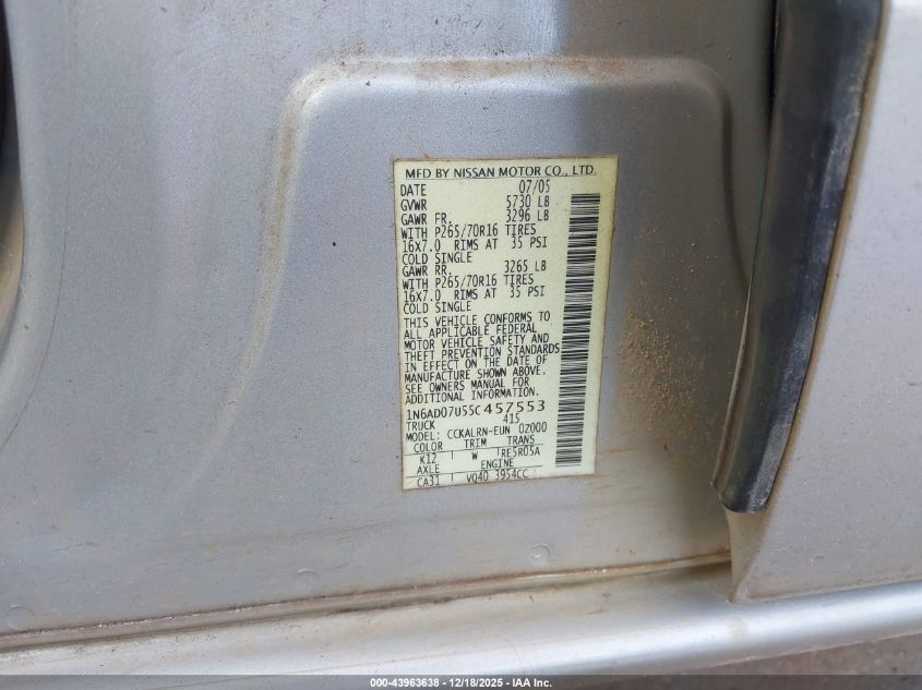 2005 Nissan Frontier Se VIN: 1N6AD07U55C457553 Lot: 43963638