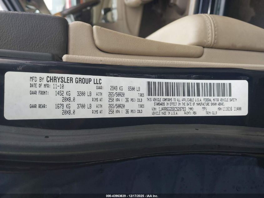 2011 Jeep Grand Cherokee Overland VIN: 1J4RR6GG5BC528793 Lot: 43963639