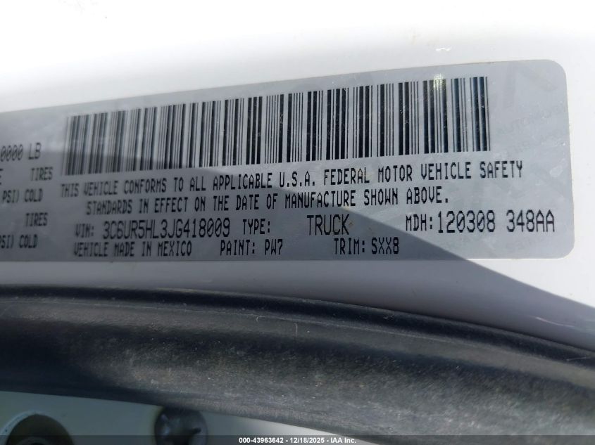 2018 Ram 2500 Tradesman 4X4 8' Box VIN: 3C6UR5HL3JG418009 Lot: 43963642